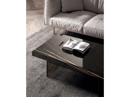 Bellagio multifunctional coffee table with liftable top in Polished Sahara Noir Marble Glass with base in Fumè crystal by Ozzio