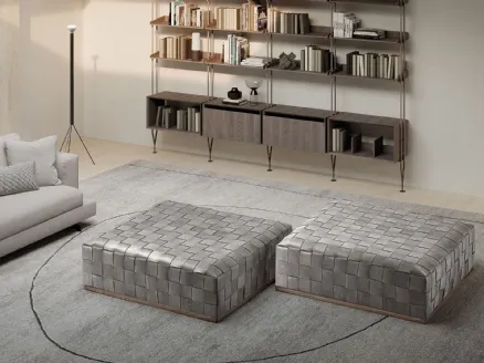 Square Jonas pouf in hand-woven leather with a solid wood base by Frigerio.