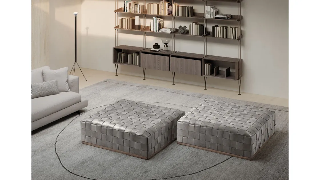 Square Jonas pouf in hand-woven leather with a solid wood base by Frigerio.