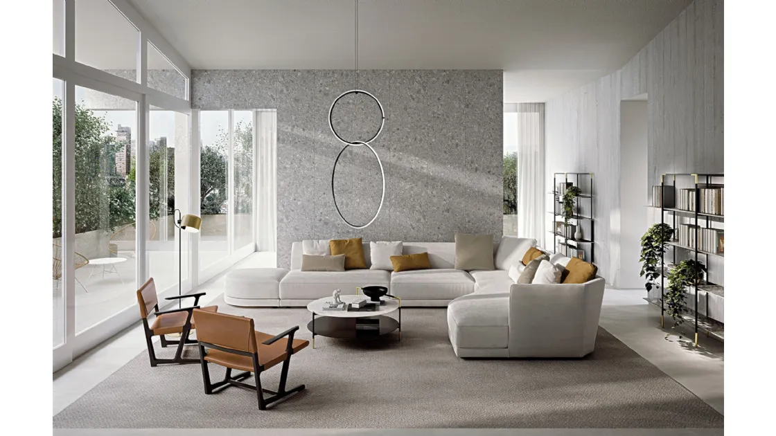 Kevin coffee table with porcelain stoneware marble-effect top, lower shelf in frosted glass back-painted in black, and black sablé metal structure with details in satin gold metal by Frigerio.