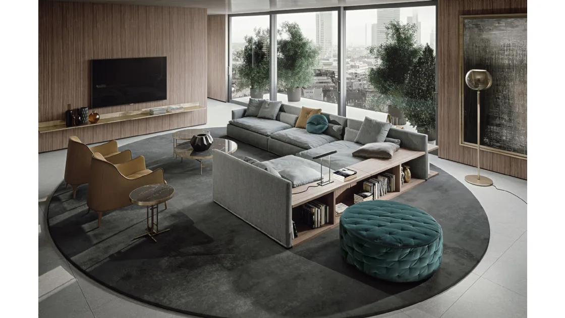 Round pouf Miller by Frigerio in quilted fabric.