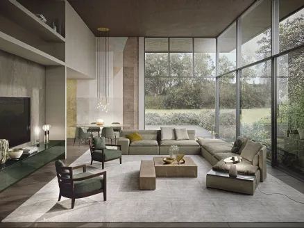 Square or rectangular monobloc coffee table Miller in porcelain stoneware with marble effect by Frigerio.