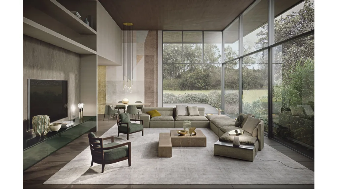 Square or rectangular monobloc coffee table Miller in porcelain stoneware with marble effect by Frigerio.