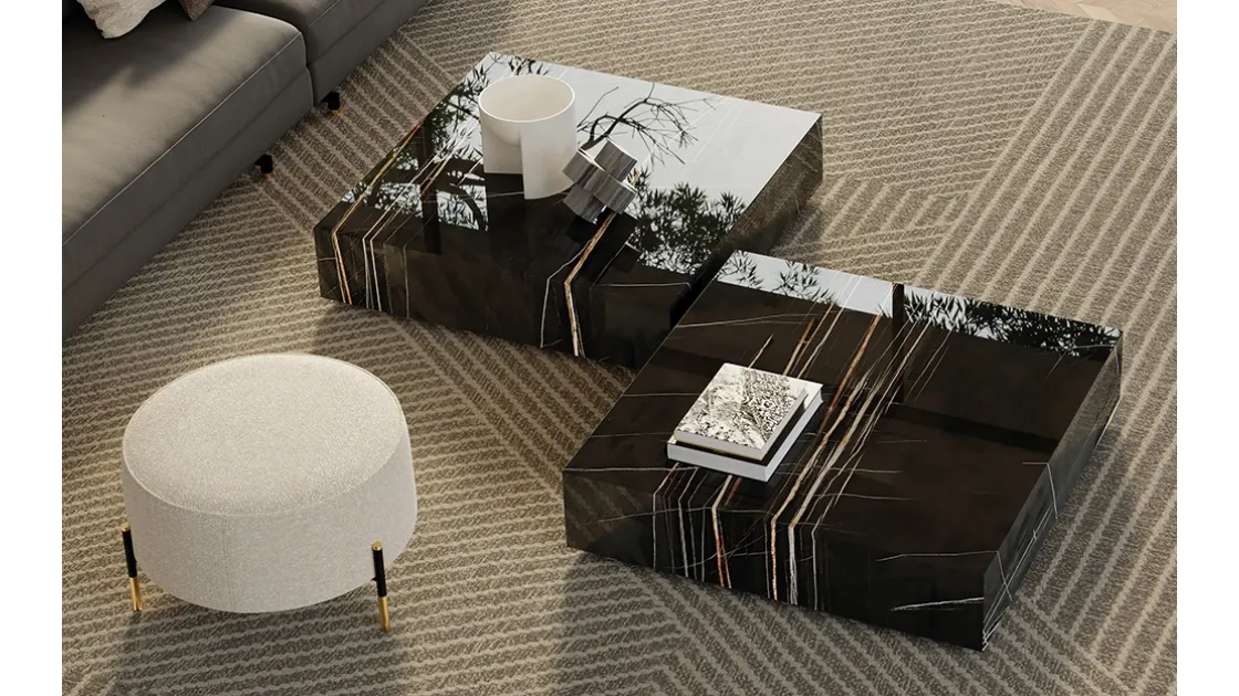 Frigerio's square monoblock coffee table Miller in porcelain stoneware with marble effect.