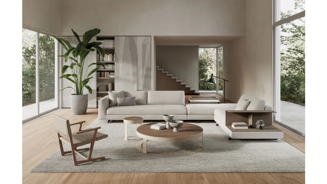 Round coffee table Otis in sand-colored ash veneer wood with sand-colored sablé metal base by Frigerio.