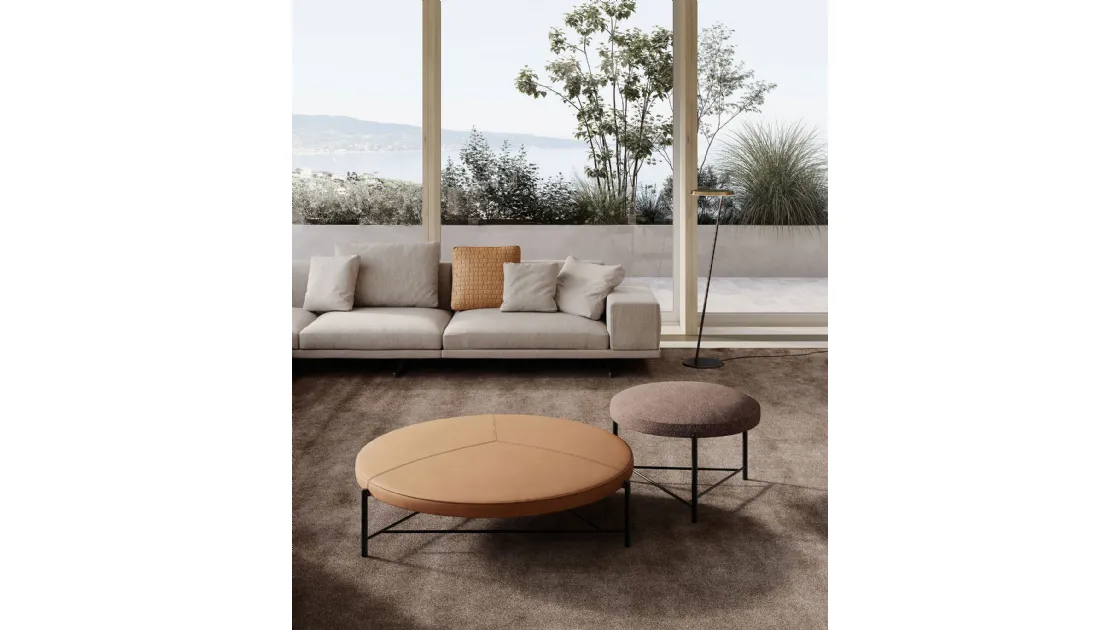 Santamonica pouf upholstered in leather or fabric with a metal structure by Frigerio.