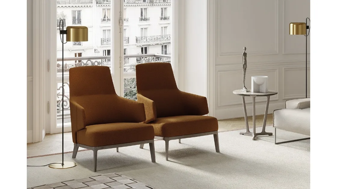 Amanda Bergere armchair in fabric with solid wood legs by Frigerio.