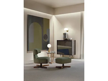 Armchair with a swivel solid wood base covered in padded Argo fabric by Frigerio.