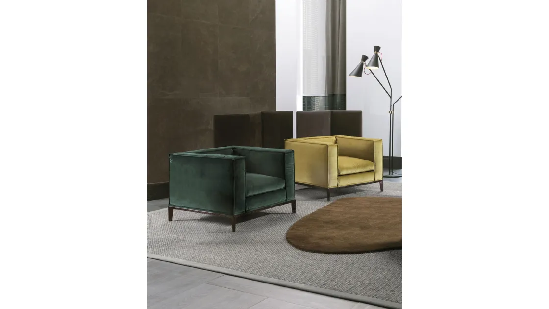 Armchair with a cubic shape in padded fabric with a metal base, Taylor Junior by Frigerio.