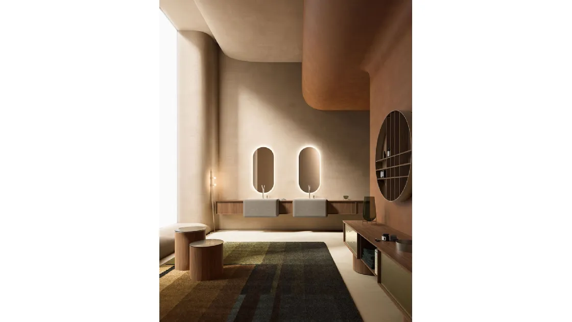 Des Evolution Caramel 02 Bathroom vanity unit in Canaletto walnut with resin sinks by Cerasa.