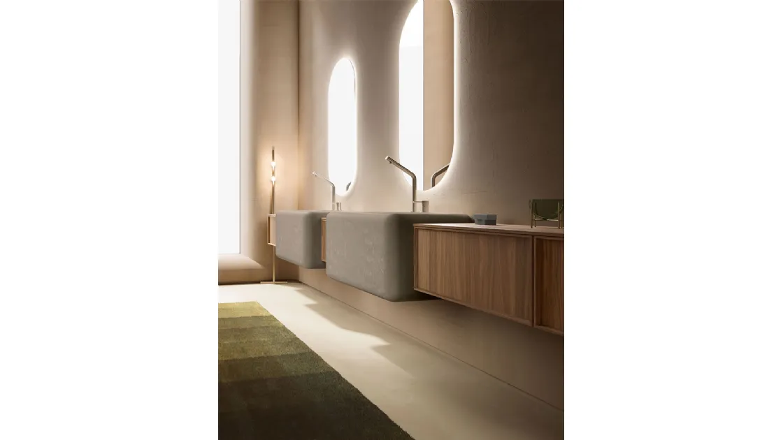 Bathroom Cabinet Des Evolution Caramel 02 in Canaletto Walnut with resin washbasins by Cerasa.