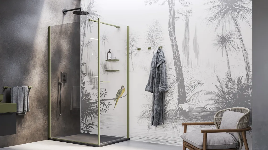 Walk-in shower box with hinged door by Inda.
