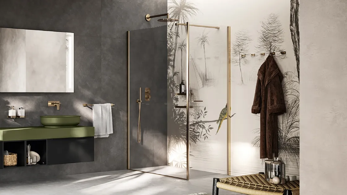 Walk in shower with swinging door by Inda.