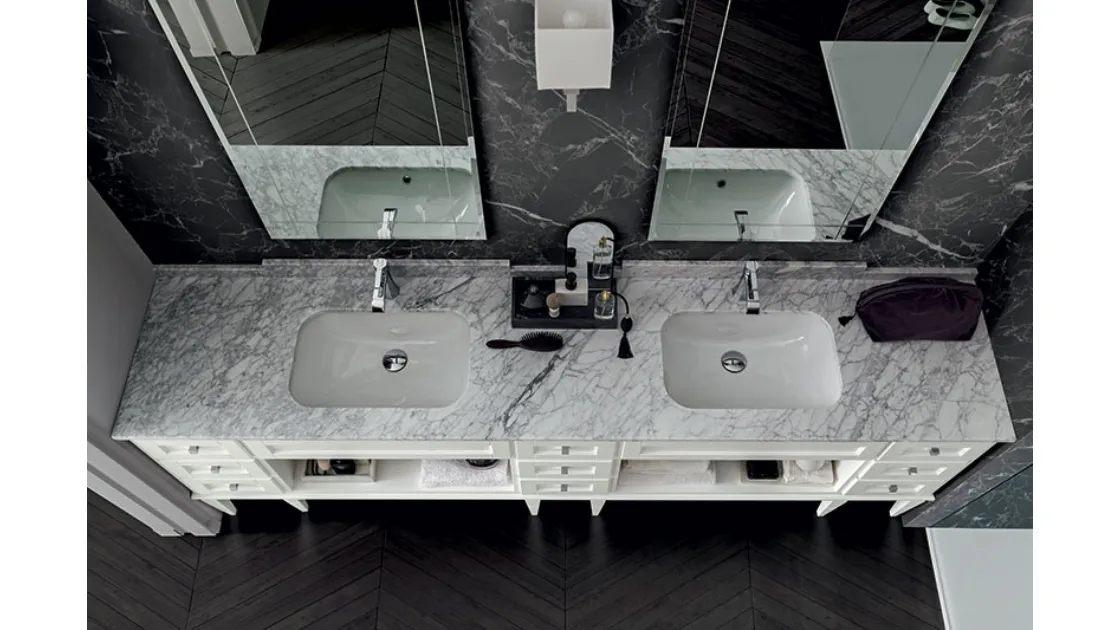 Bathroom Vanity York 01 in White lacquered finish with Carrara marble top by Cerasa.