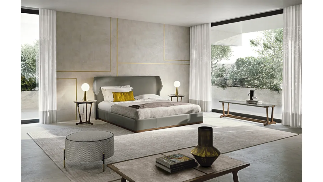Double bed with headboard completely covered in leather with solid wood base Agio by Frigerio