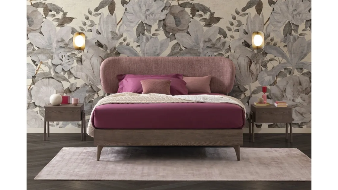Mirabel wooden bed with fabric headboard by Oggioni.