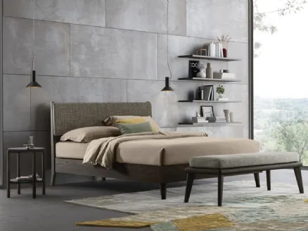 Wooden bed with fabric headboard and storage box Orimento by Oggioni.