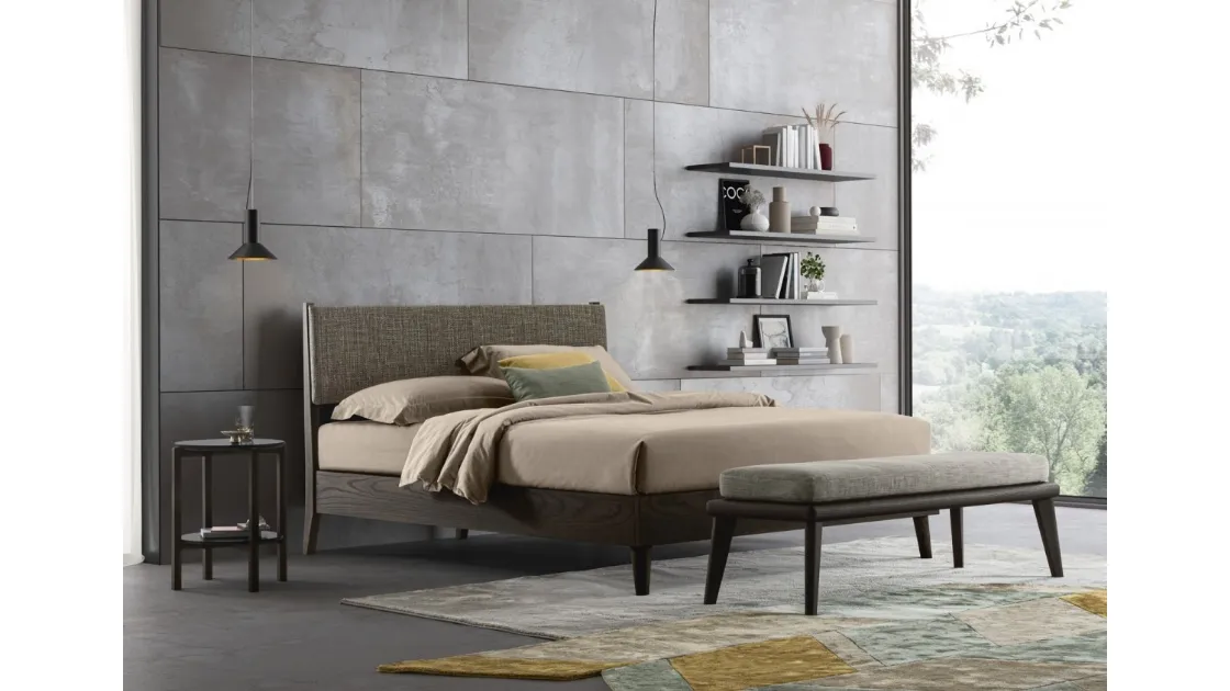 Wooden bed with fabric headboard and storage box Orimento by Oggioni.