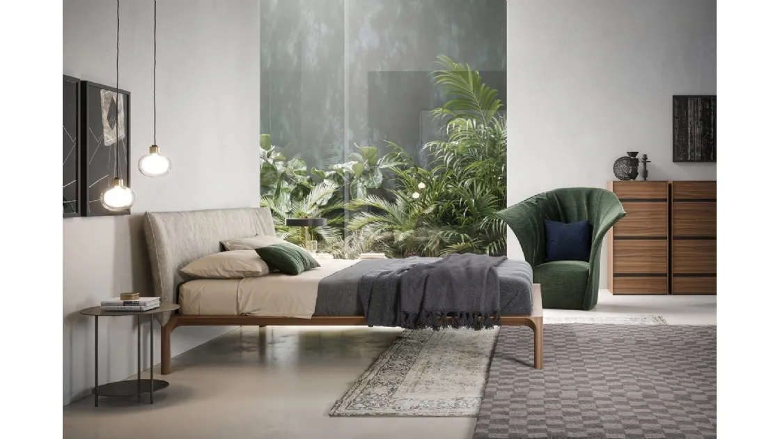 Bed with fabric headboard and wooden frame Park by Novamobili.