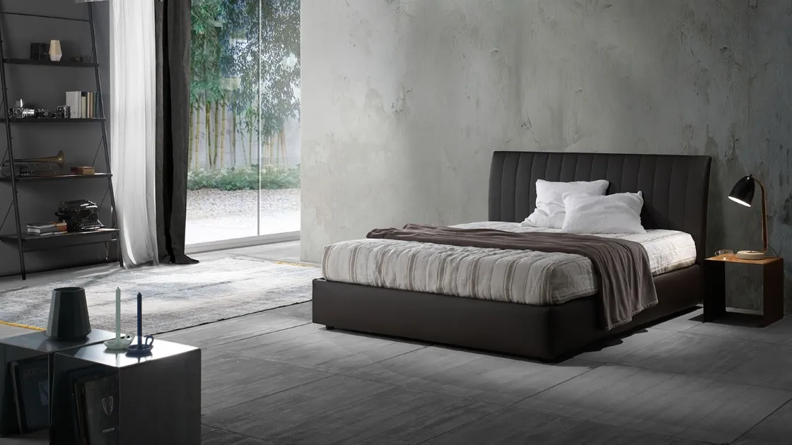 Fabric bed with storage and headboard quilted with vertical stripes Rulers by Excò