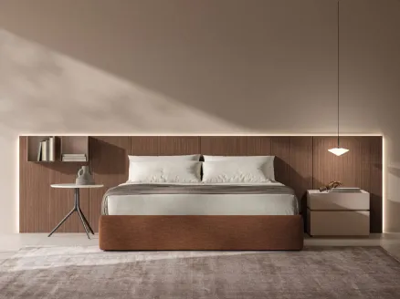 Fabric Sommier bed with textured boiserie in Canaletto Walnut by Tagliabue Mobili