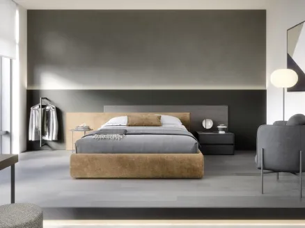 Novamobili's Time upholstered fabric bed with storage container and headboard in wood.