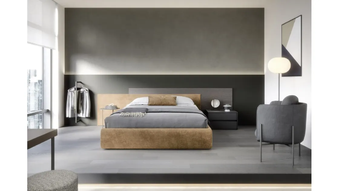 Novamobili's Time upholstered fabric bed with storage container and headboard in wood.