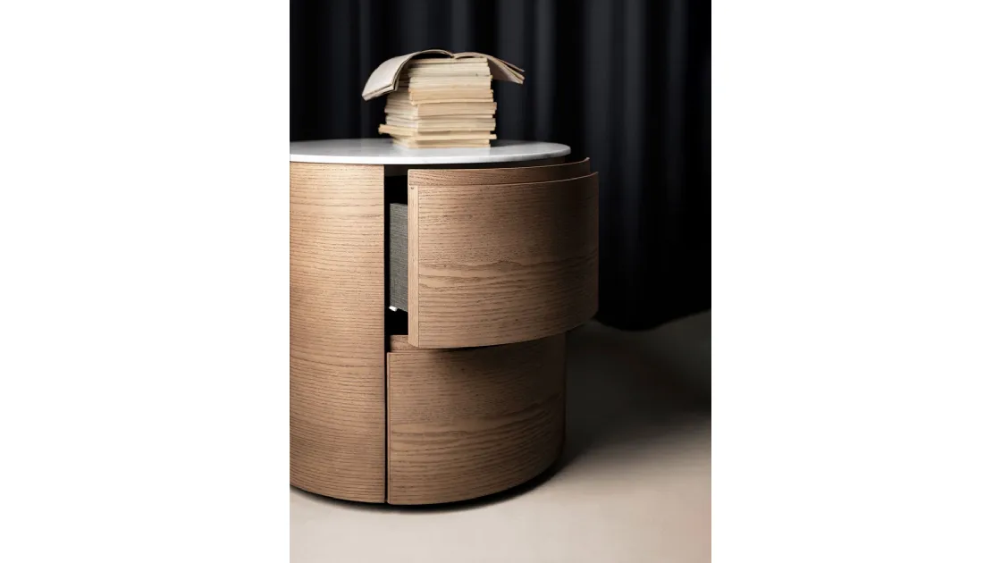 Wooden Orbit bedside table with Kristalia marble top.