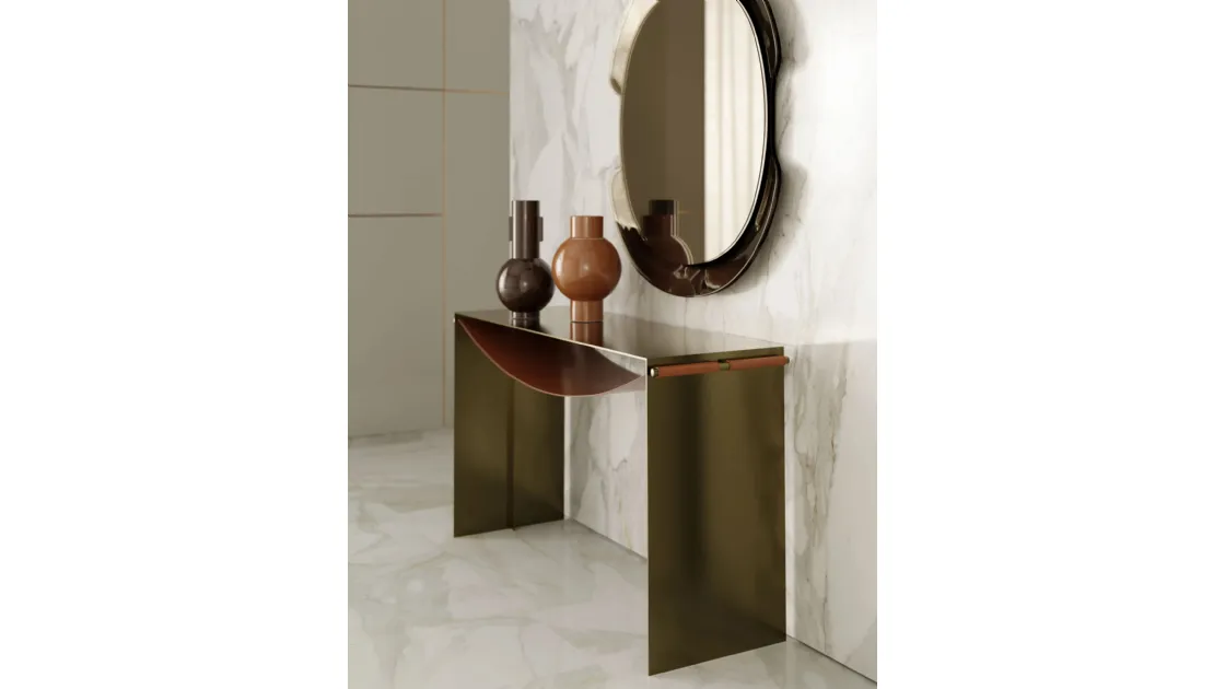 Mobile console Piper entrance in steel with leather shelf by Bontempi.