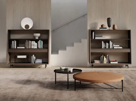 Wall library in veneered wood with backrest covered in fabric and metal feet Analog by Frigerio.
