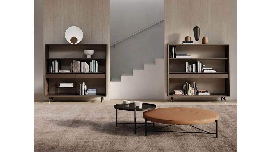 Wall library in veneered wood with backrest covered in fabric and metal feet Analog by Frigerio.