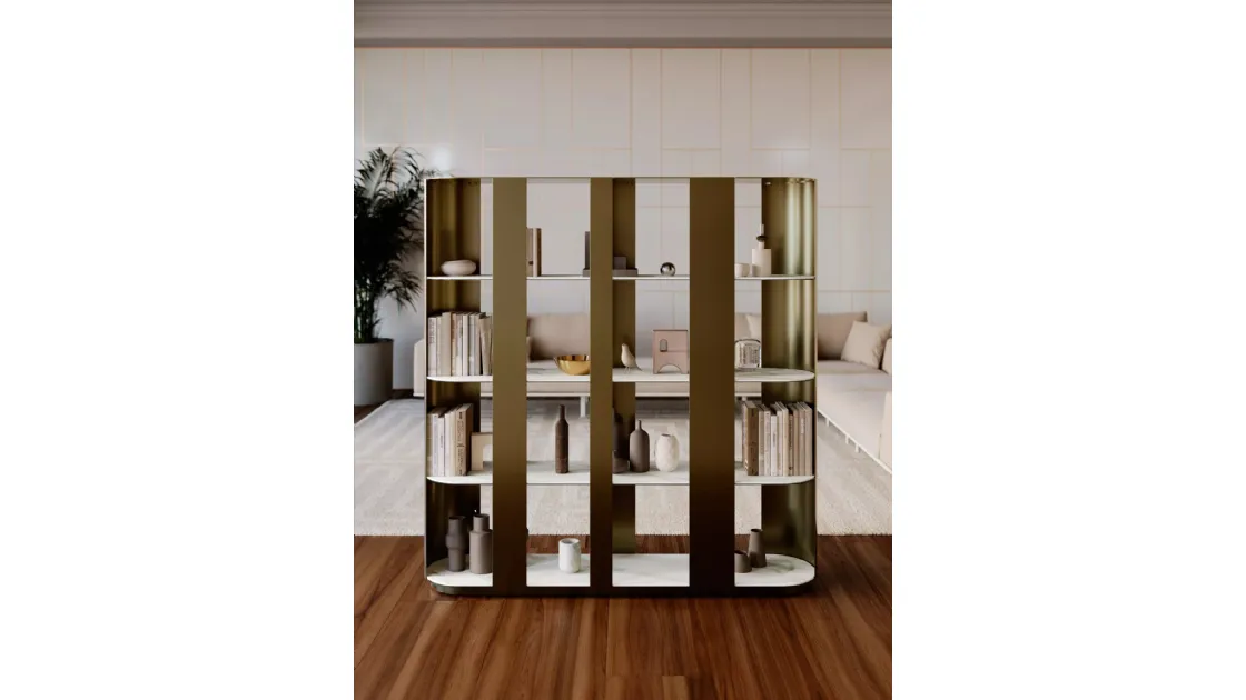 Helena lacquered metal room divider bookcase with SuperMarmo shelves by Bontempi.