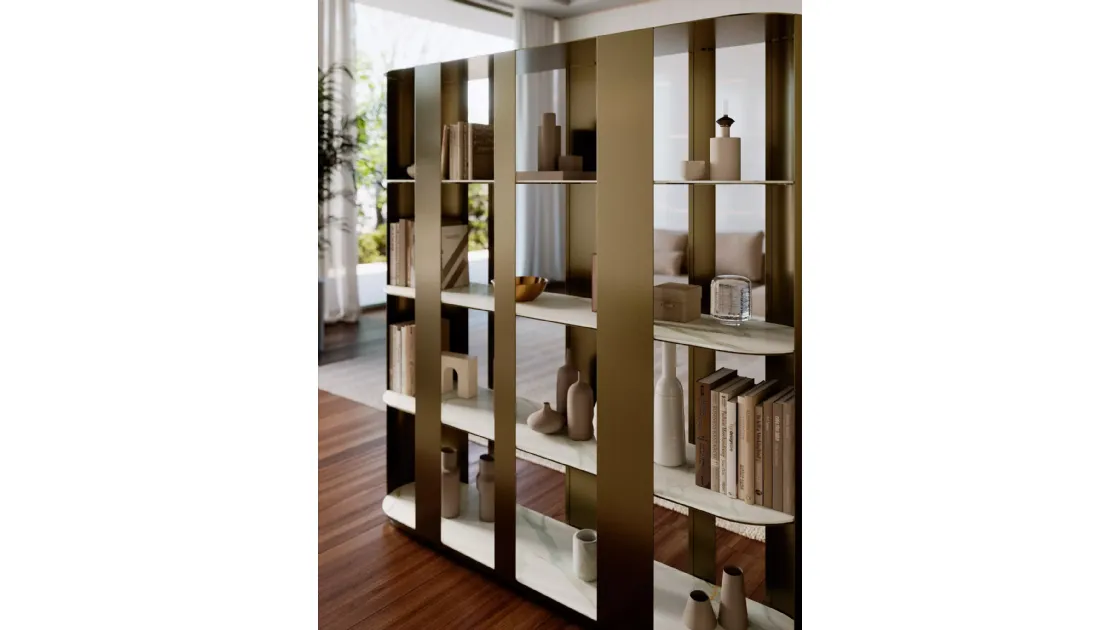 Helena lacquered metal room divider bookcase with SuperMarmo shelves by Bontempi.