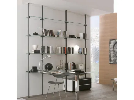 Liverpool bookcase with metal uprights and glass shelves and desk by Ponti Terenghi