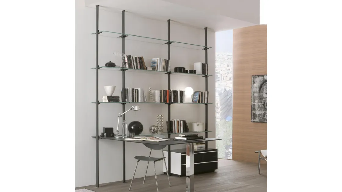 Liverpool bookcase with metal uprights and glass shelves and desk by Ponti Terenghi