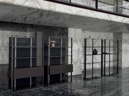 Unique metal bookcase with glass shelves and wooden containers by Frigerio