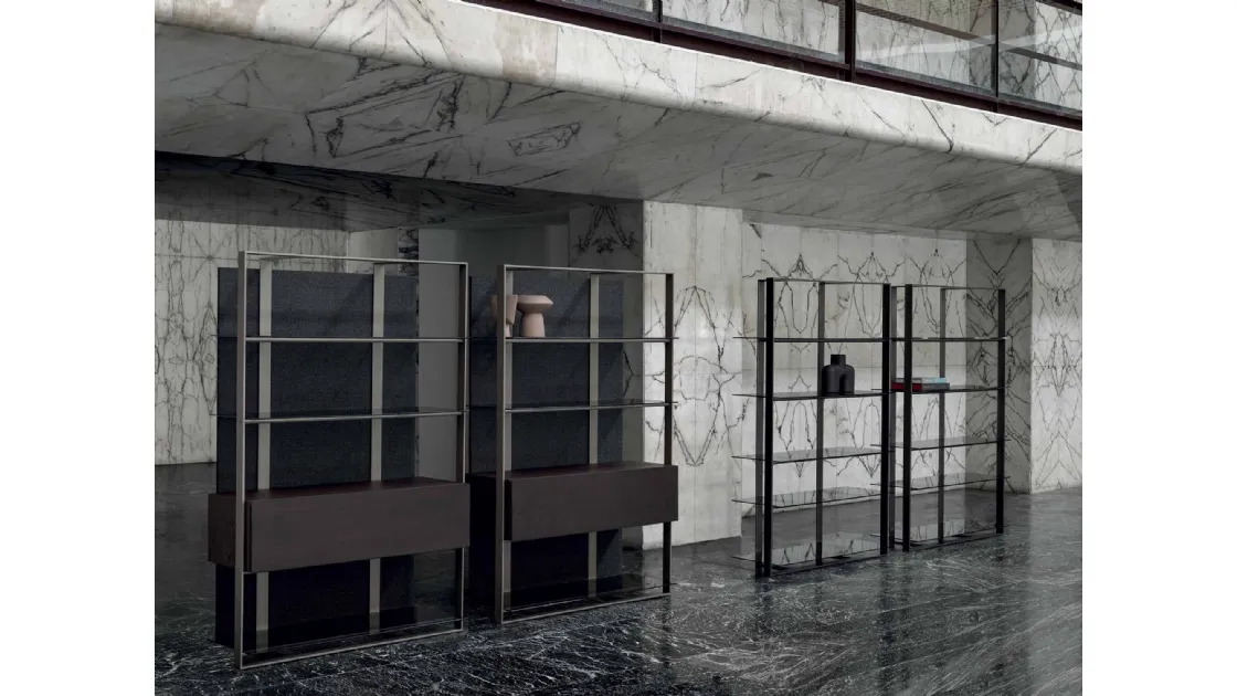 Unique metal bookcase with glass shelves and wooden containers by Frigerio