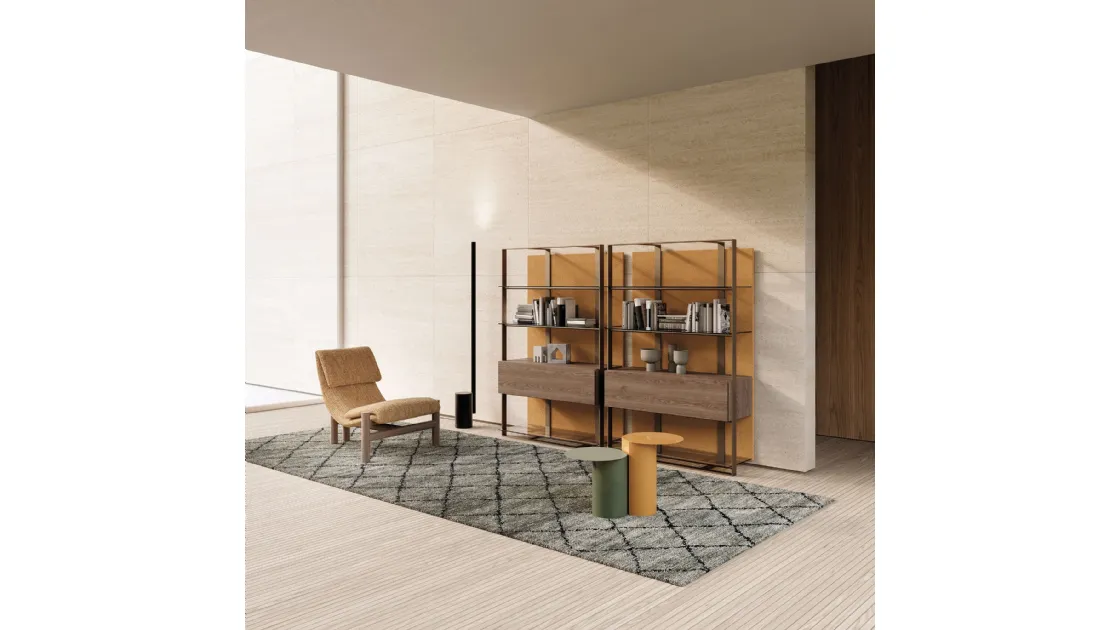 Unique metal bookcase with glass shelves and wooden containers by Frigerio