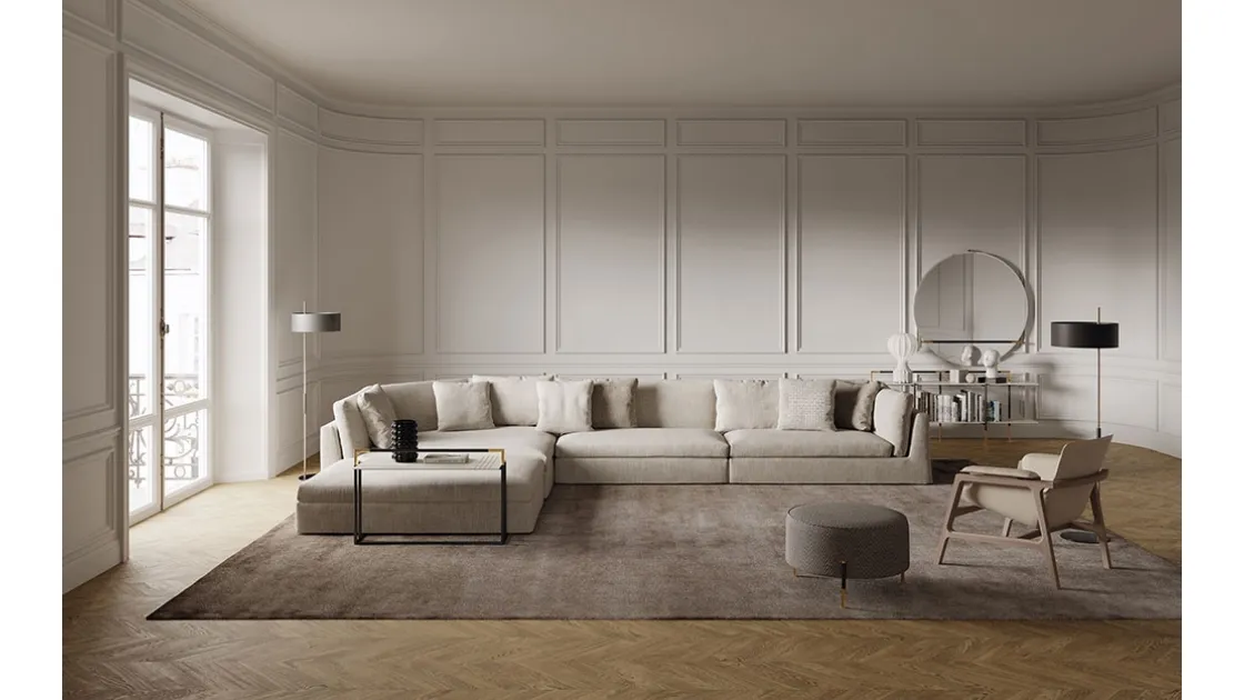 Modular corner sofa with light Arnè fabric upholstery by Frigerio.