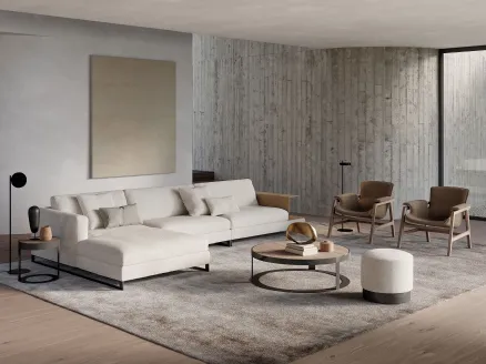 Fabric upholstered sofa with Davis Out peninsula by Frigerio.