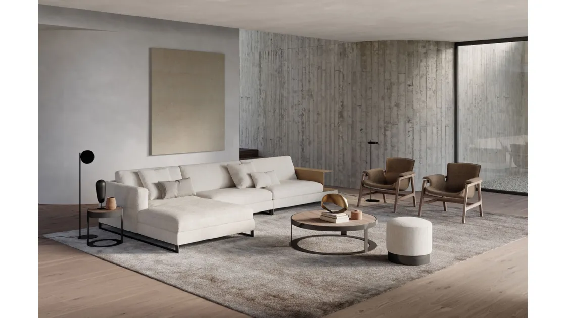 Fabric upholstered sofa with Davis Out peninsula by Frigerio.
