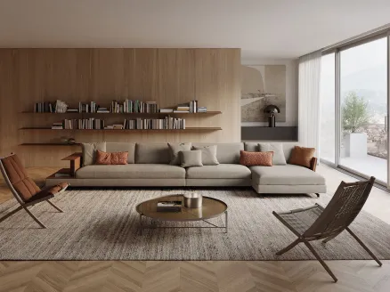 Fabric upholstered sofa with Davis Slim peninsula by Frigerio.