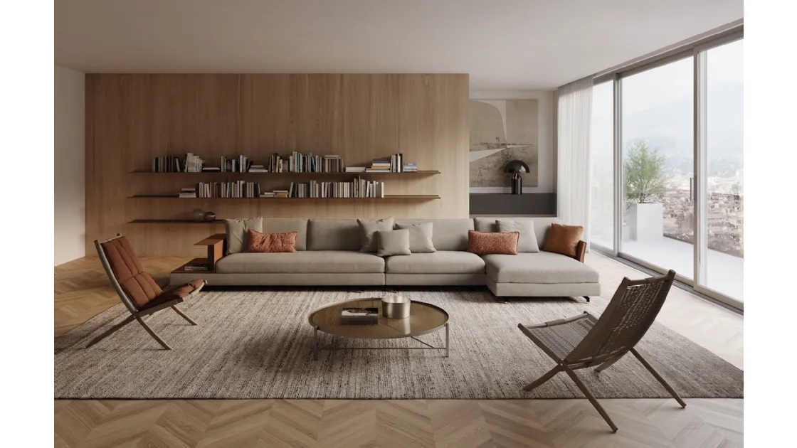 Fabric upholstered sofa with Davis Slim peninsula by Frigerio.