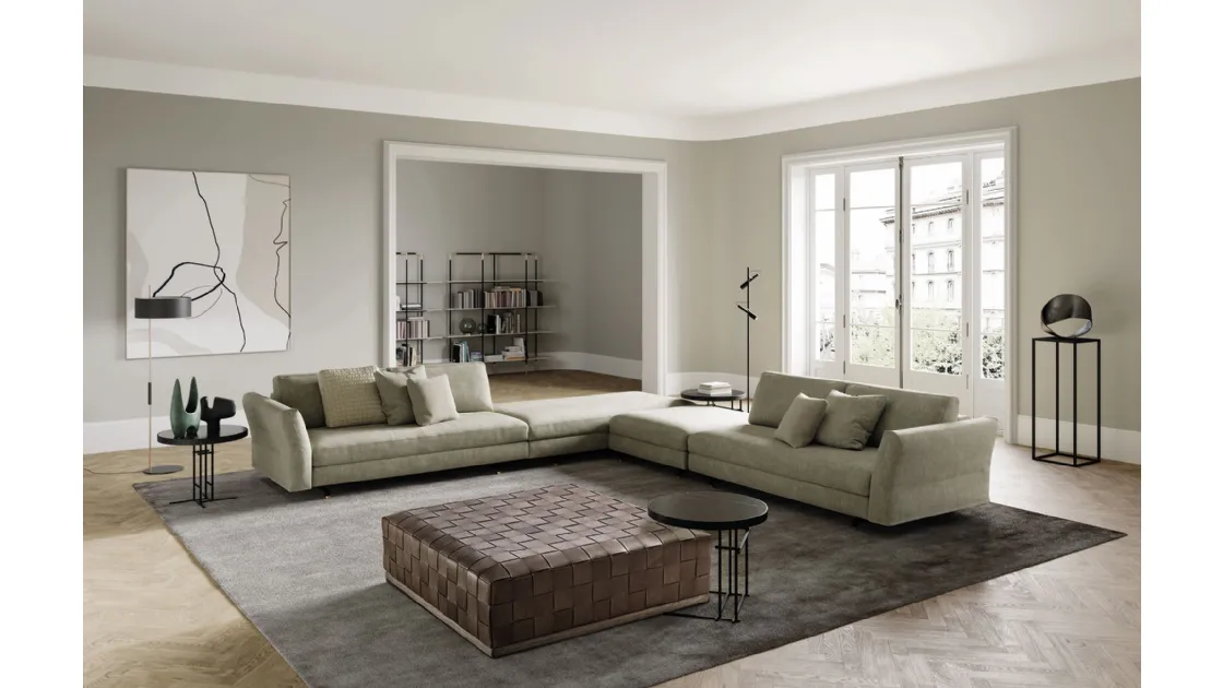 Corner sofa upholstered in Davis Wave fabric by Frigerio