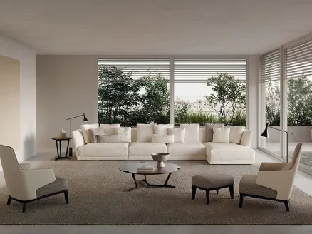Comfortable white fabric sofa with chaise longue Foster by Frigerio.