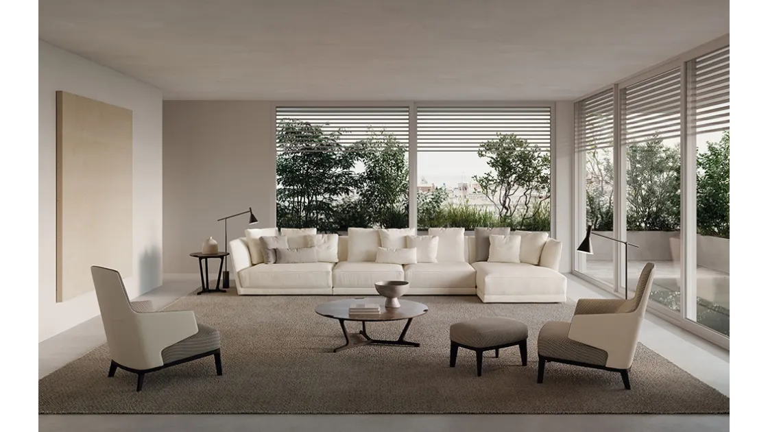 Comfortable white fabric sofa with chaise longue Foster by Frigerio.