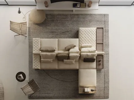 Double-sided fabric upholstered sofa with Miller Double peninsula by Frigerio.