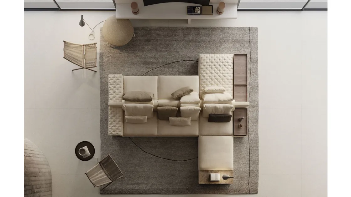 Double-sided fabric upholstered sofa with Miller Double peninsula by Frigerio.