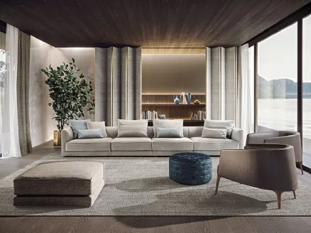Linear modular sofa upholstered in fabric Miller by Frigerio.