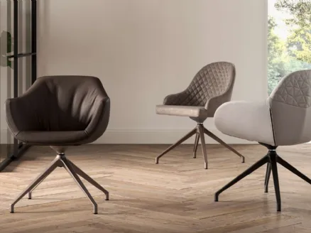 Halia modern chair with armrests upholstered and covered in leather with metal structure by Ozzio
